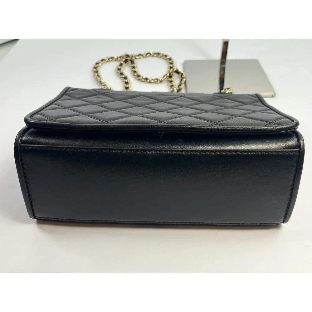 TORY BURCH Black Quilted Leather SAVANNAH Small Flat Chain Strap Tote Bag